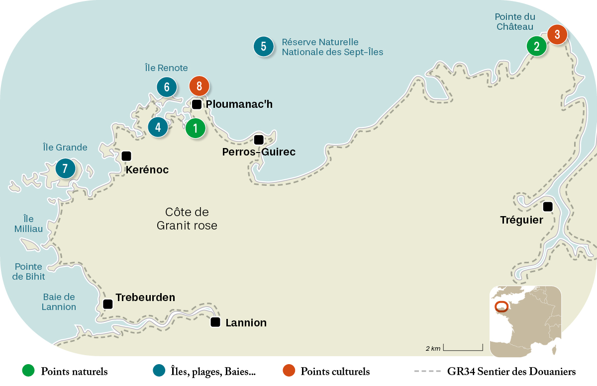 Carte randonnées côte de Granit rose