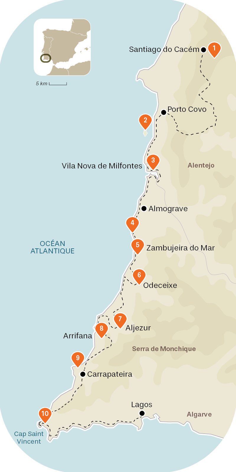 Carte des 10 incontournables de la Rota Vicentina