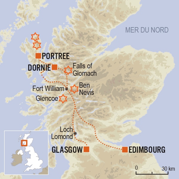 carte du voyage Highlands, île de Skye et Edimbourg