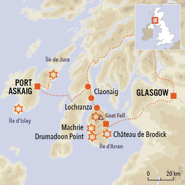 carte du voyage Hébrides du sud et île d'Arran