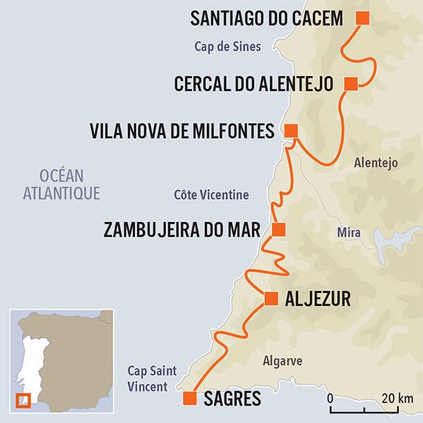 carte du voyage De l'Alentejo à l'Algarve à vélo