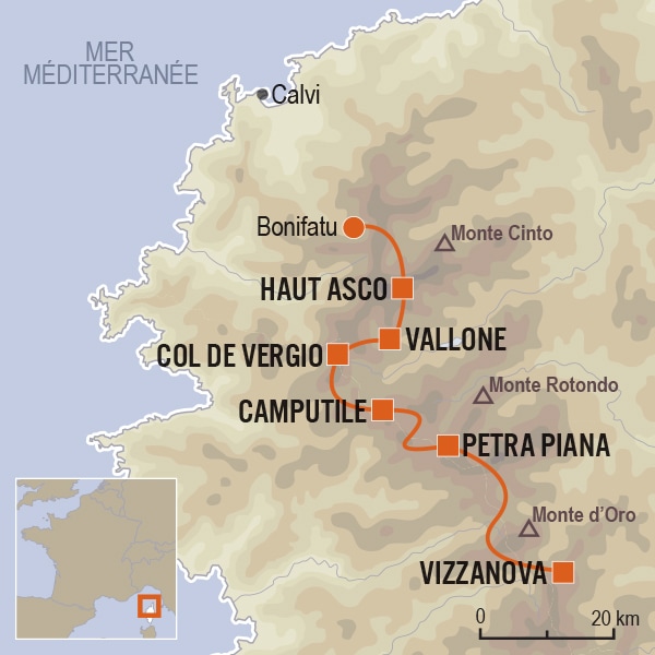 carte du voyage GR20 Nord : de Vizzavona à Bonifatu