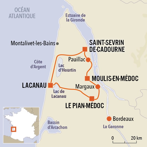 carte du voyage Les vignobles du Médoc à vélo