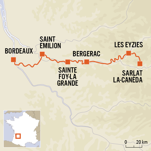 carte du voyage De Bordeaux à Sarlat à vélo