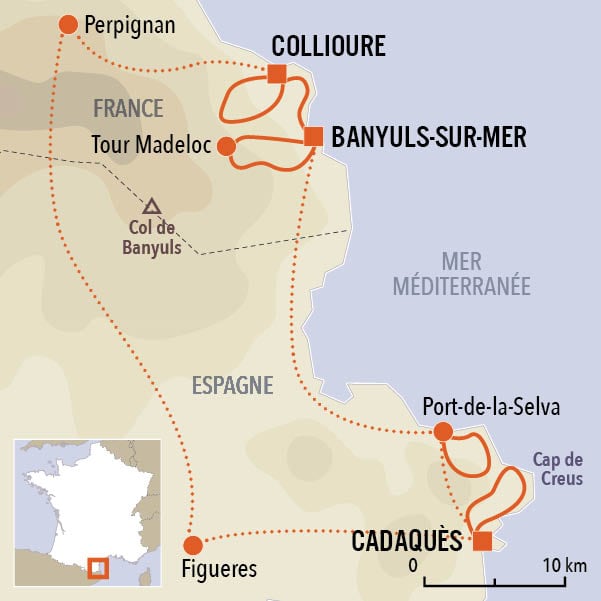 carte du voyage De Collioure à Cadaquès, sentiers de la Côte Vermeille