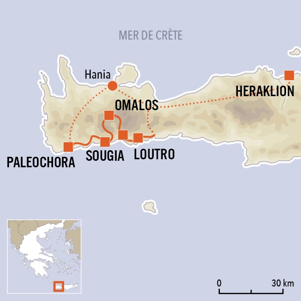 carte du voyage Crète, des montagnes blanches à la mer
