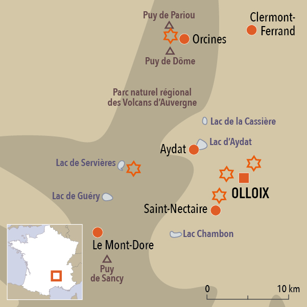 carte du voyage Les Robinsons des volcans, l'Auvergne en famille