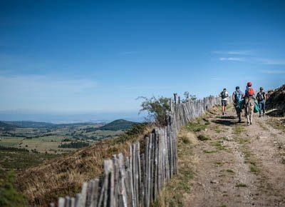 Famille en randonnée avec un âne dans la chaîne des Puys