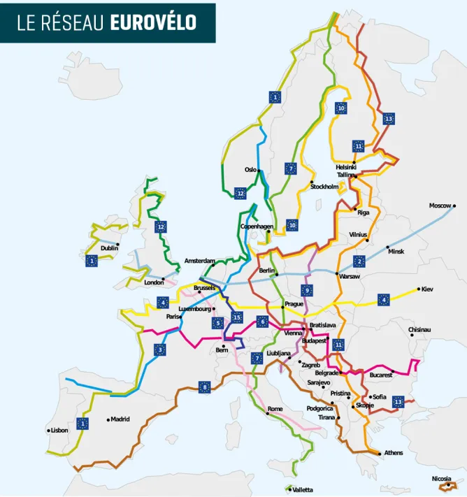 La carte du réseau Eurovélo en Europe