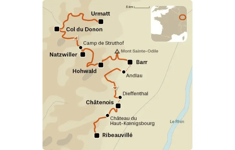 Carte itinéraire, grande traversee des vosges, de Ribeauvillé à Belfort