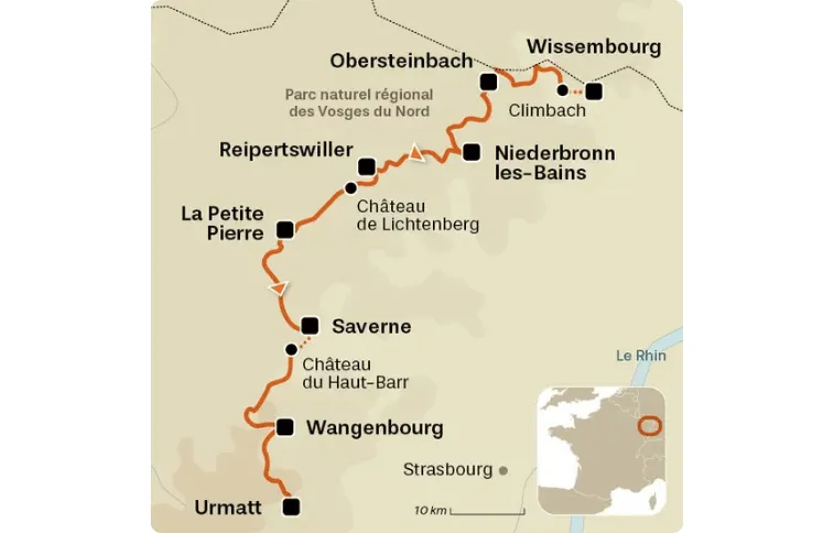 Carte itinéraire De Wissembourg à Urmatt, Grande traversee des vosges 1